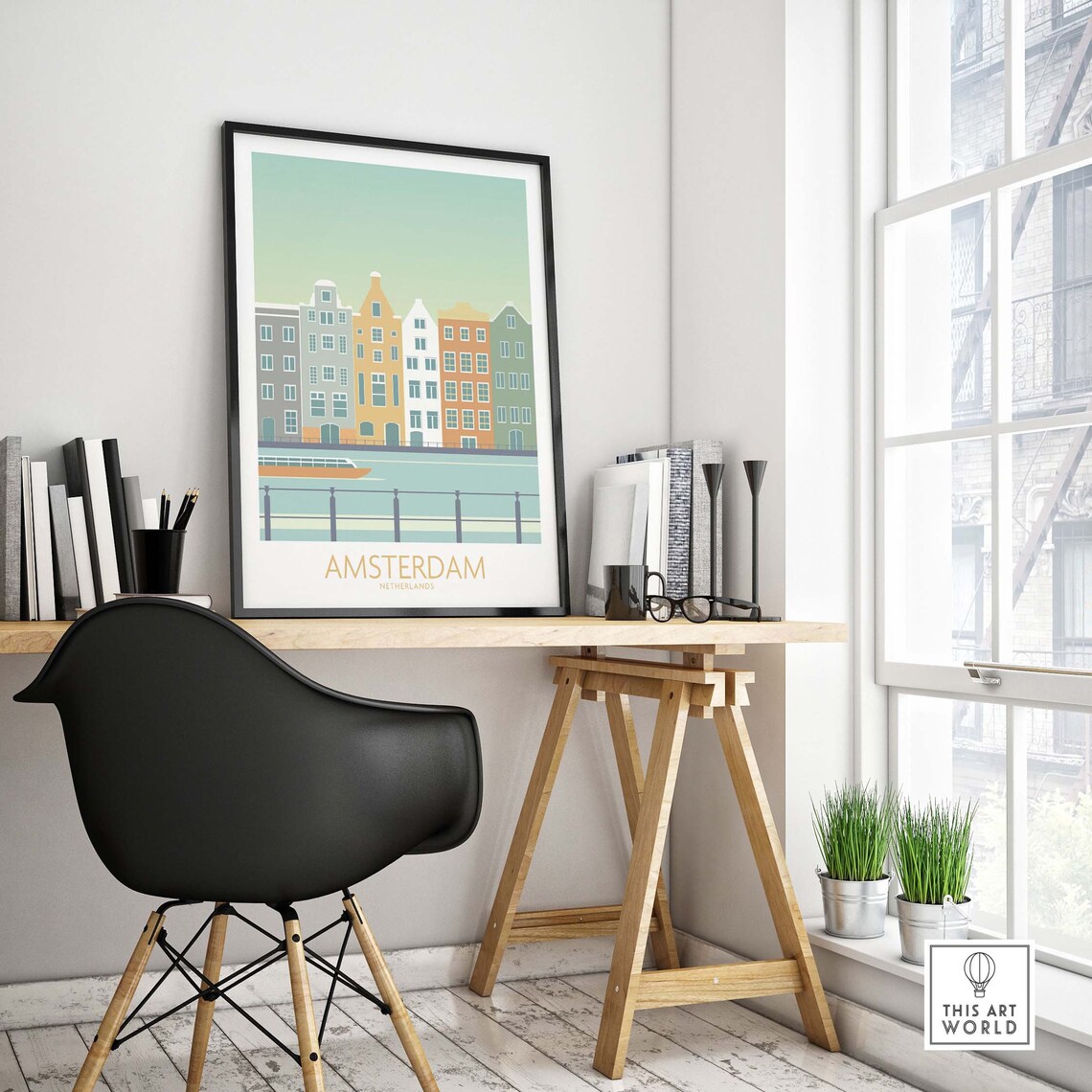 Amsterdam Netherlands Canal Houses Boat Minimalist Style Poster - Image 4