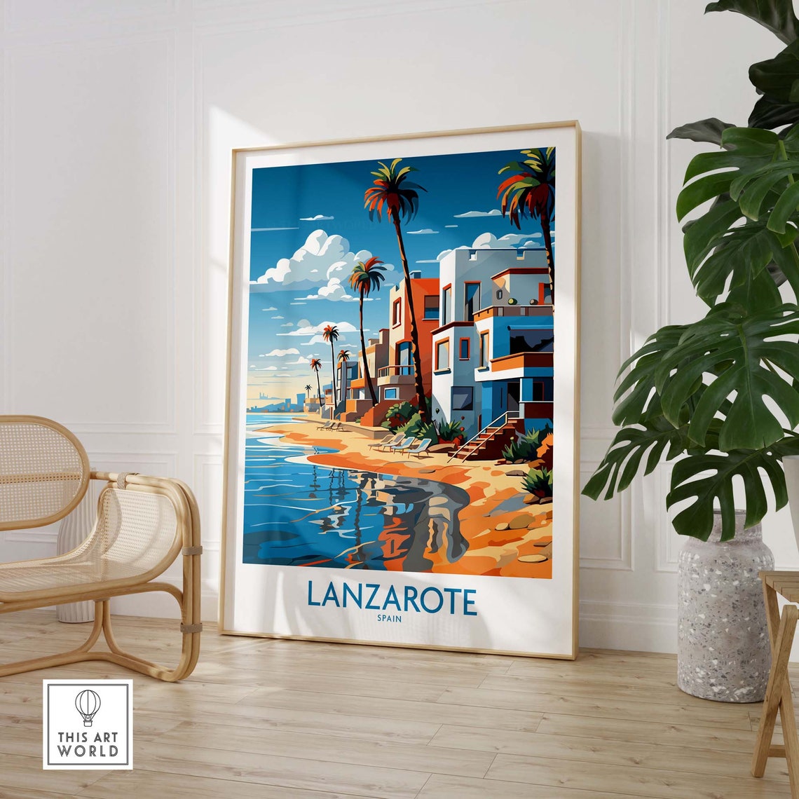 Lanzarote Spain Blue Beachfront Ocean Palms Summer Travel Poster - Image 2
