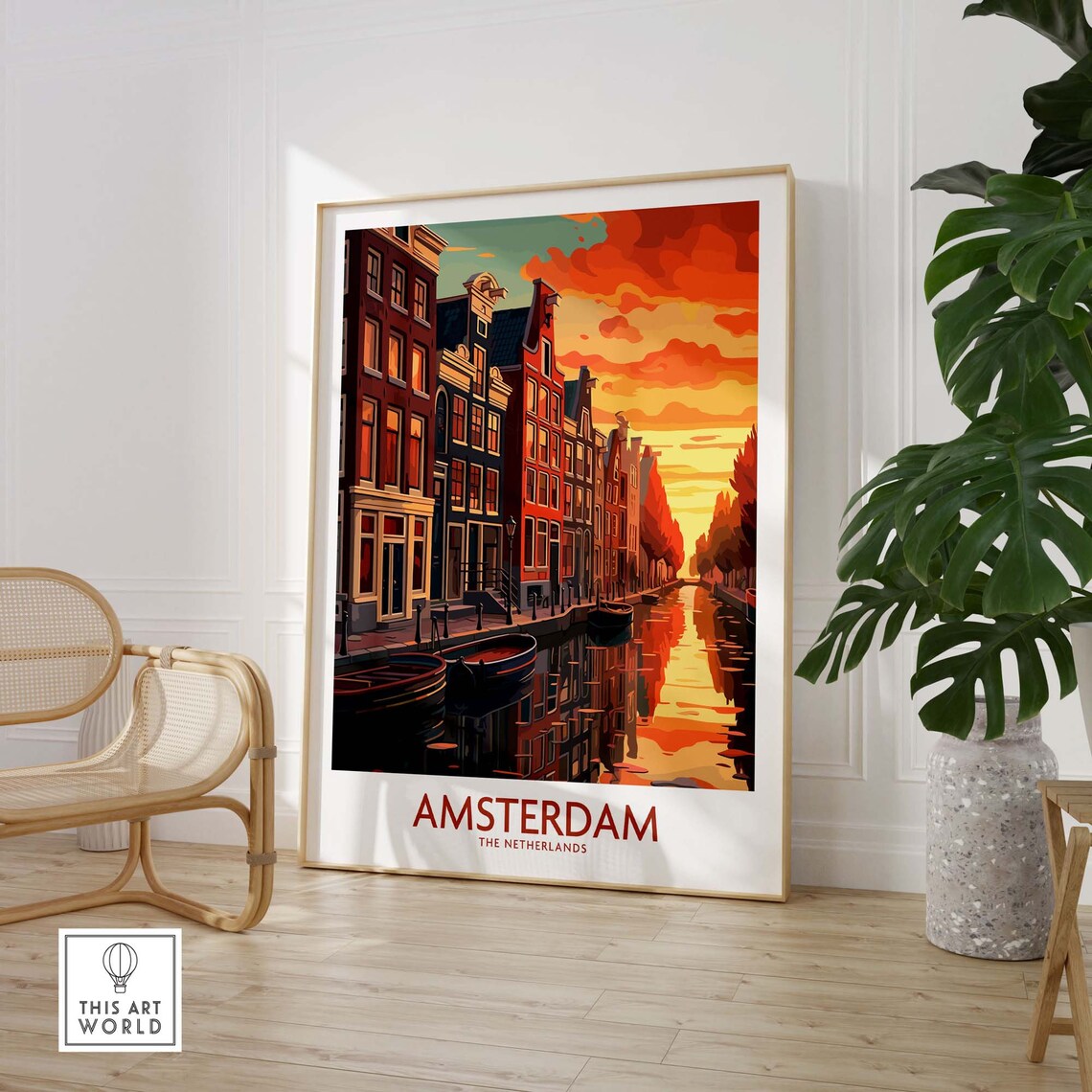 Amsterdam Canal Houses Sunset Bikes Boats Netherlands Travel Poster - Image 3