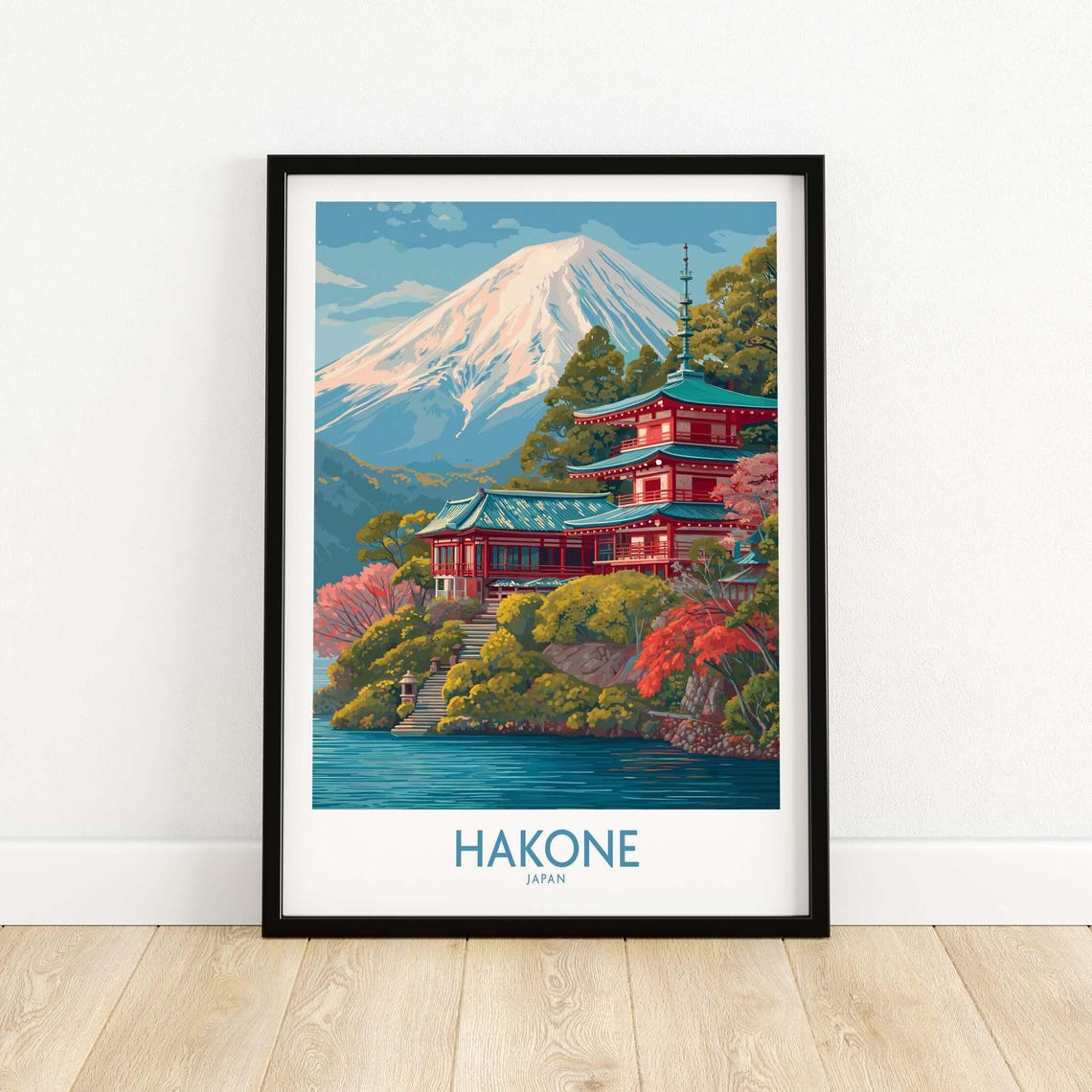 Hakone Japan Mount Fuji Red Temple Lakeside View Travel Poster