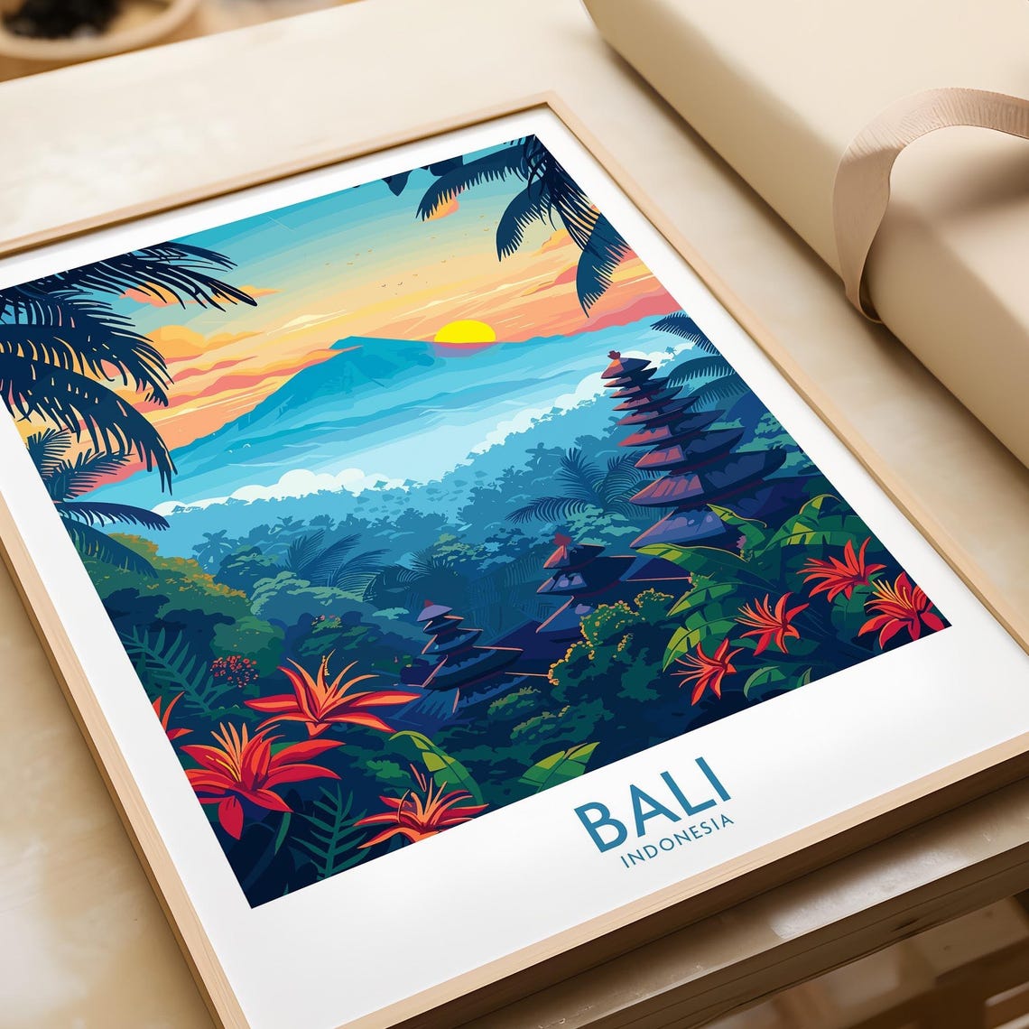 Bali Indonesia Jungle Sunrise Temple Pagoda Bloom Art Poster