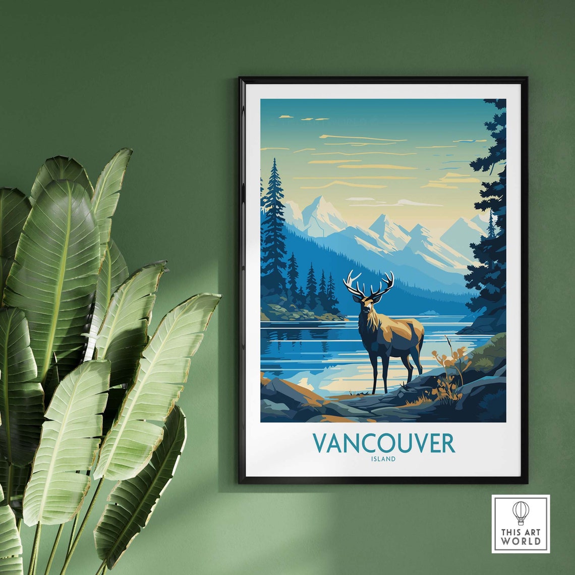 Canada Vancouver Island Elk Mountain Lake Pine Forest Retro Poster - Image 2