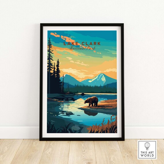 Lake Clark National Park Alaska Bear Lakeside Illustration Travel Poster