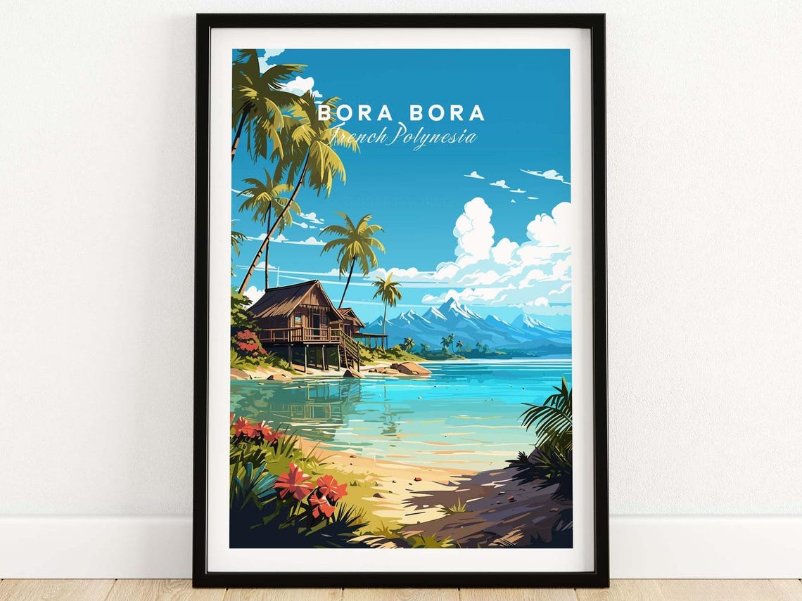 Bora Bora French Polynesia Beach Hut Palm Lagoon Scene Poster