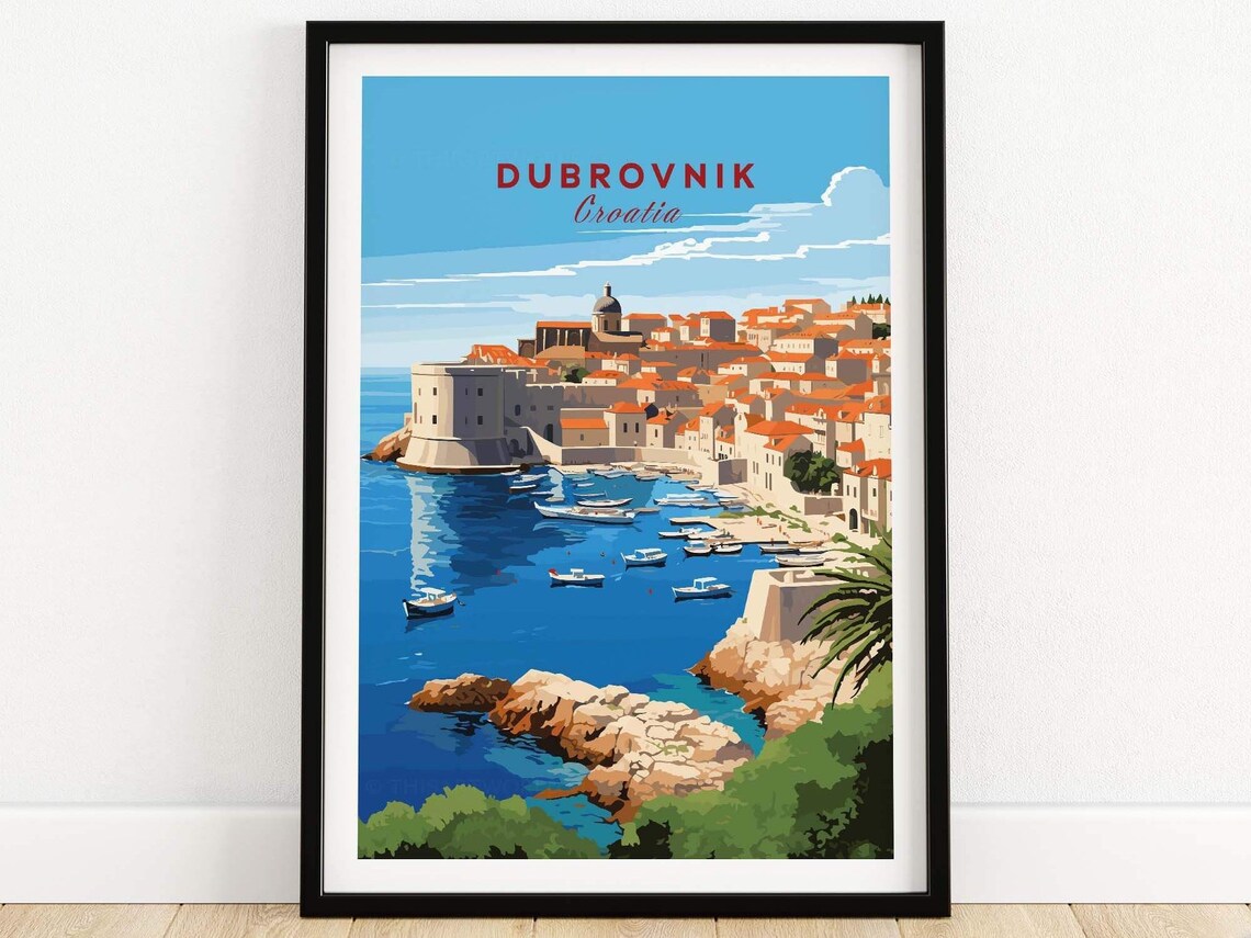 Dubrovnik Croatia Travel Poster Old Town Harbor and Orange Roofs