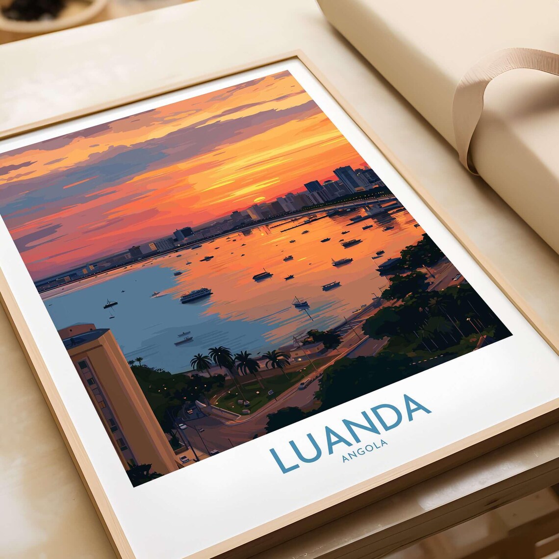Luanda Angola Golden Sunset Bay Boats City Skyline Travel Poster