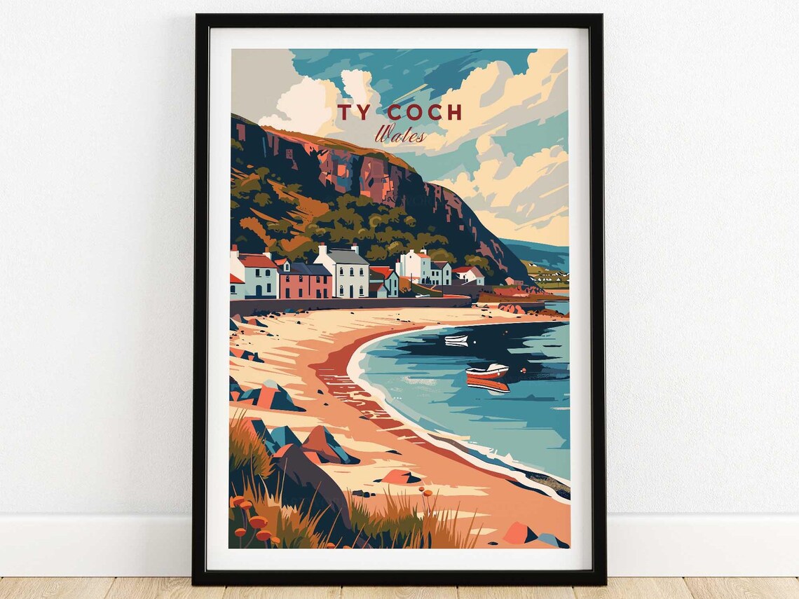 Ty Coch Wales Seaside Village Beach and Headland Travel Poster
