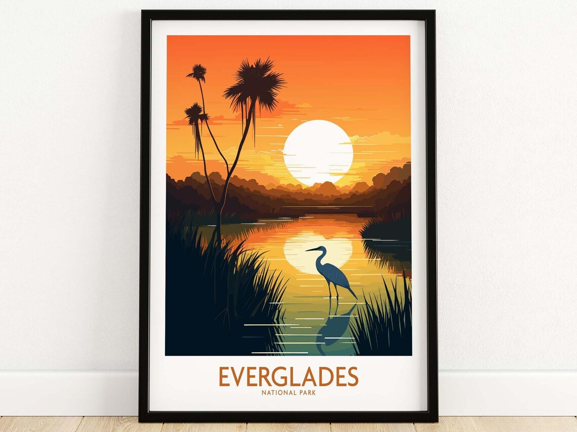 Everglades National Park Sunset Heron Wetlands Vintage Travel Poster