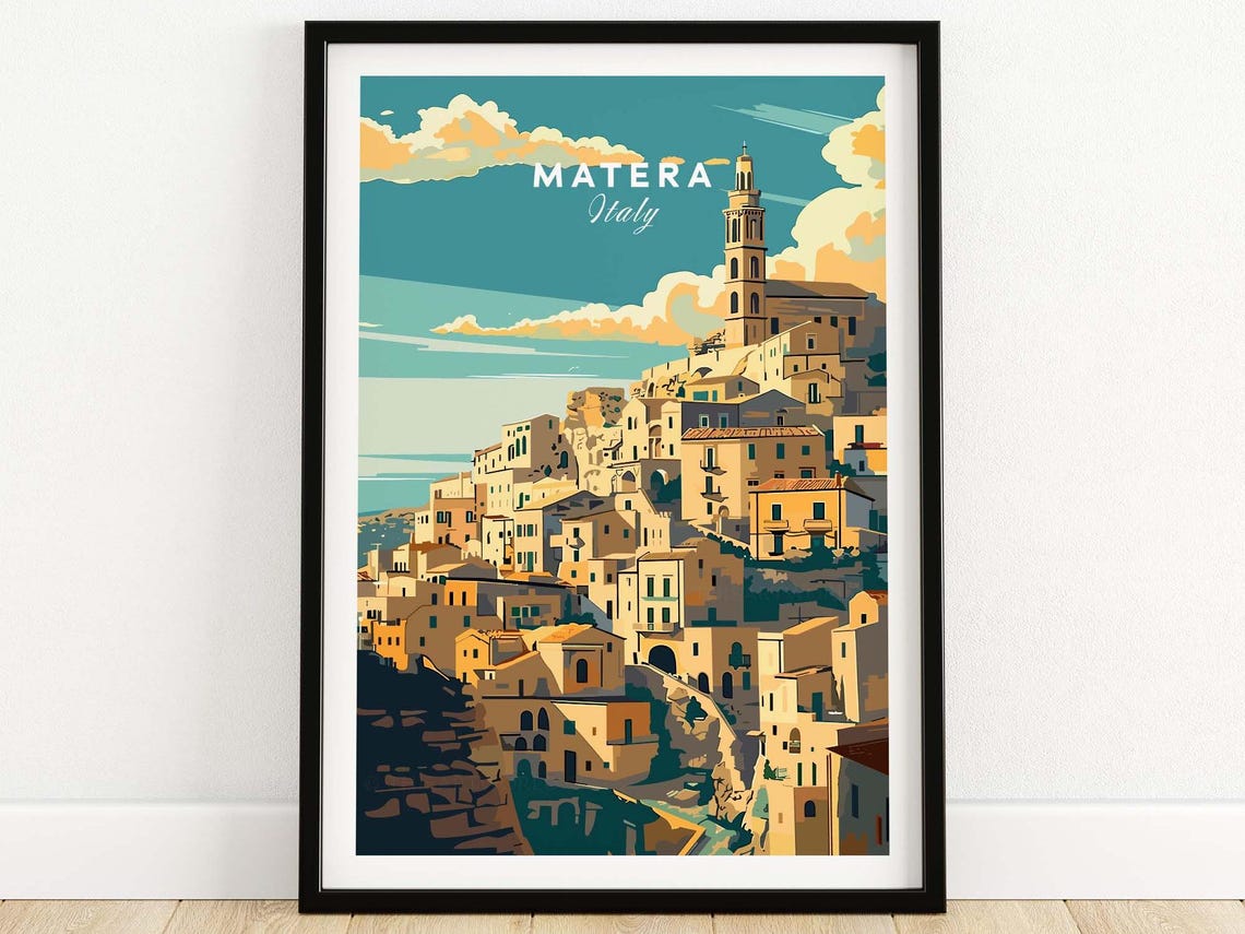 Matera Italy Ancient Stone Cave Town Cathedral Bell Tower View Poster
