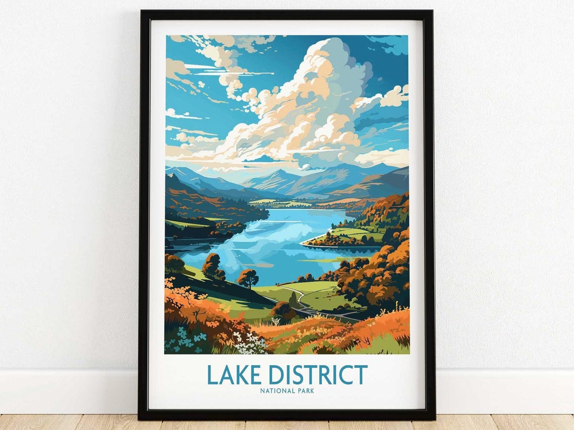 Lake District National Park Mountain Lake Valley Travel Poster