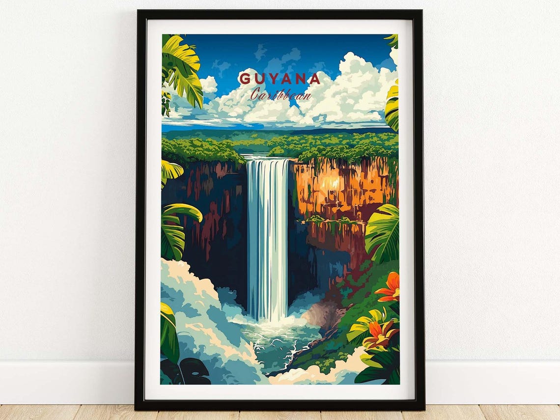 Guyana Caribbean Jungle Waterfall Red Cliffs Flowers Scene Poster