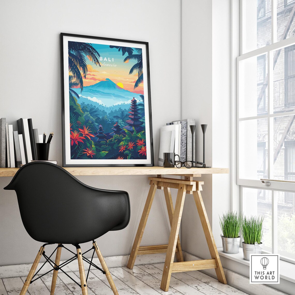 Bali Indonesia Tropical Jungle Temple Volcano Sunset Travel Poster - Image 4