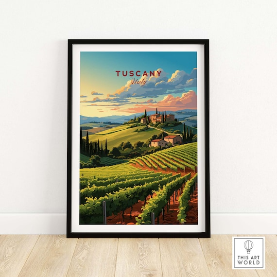 Tuscany Italy Vineyard Hills Golden Sunset Illustration Poster