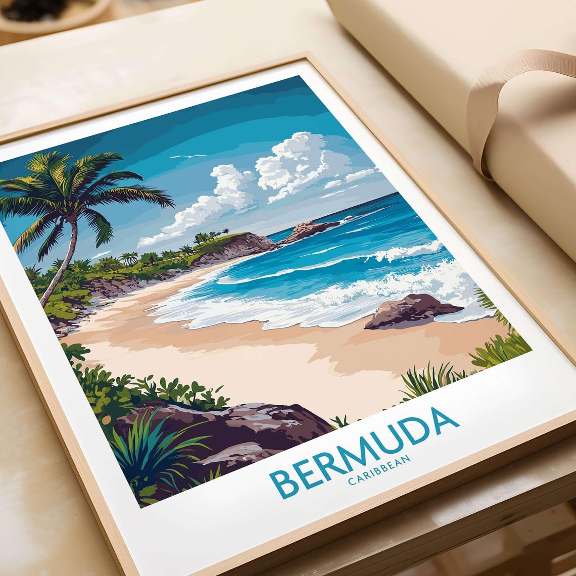 Bermuda Caribbean Tropical Beach Palm Trees Ocean Travel Poster