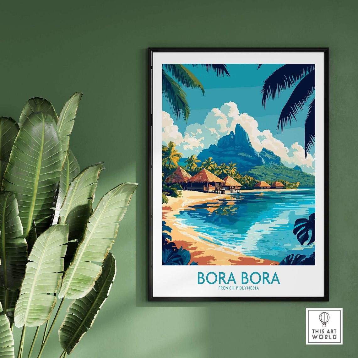 Bora Bora French Polynesia Beach Huts Lagoon Mountain Travel Poster - Image 2