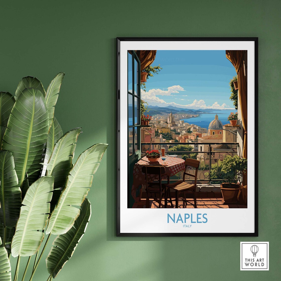 Naples Italy Balcony Cafe View Over Bay Blue Sea Travel Poster - Image 2
