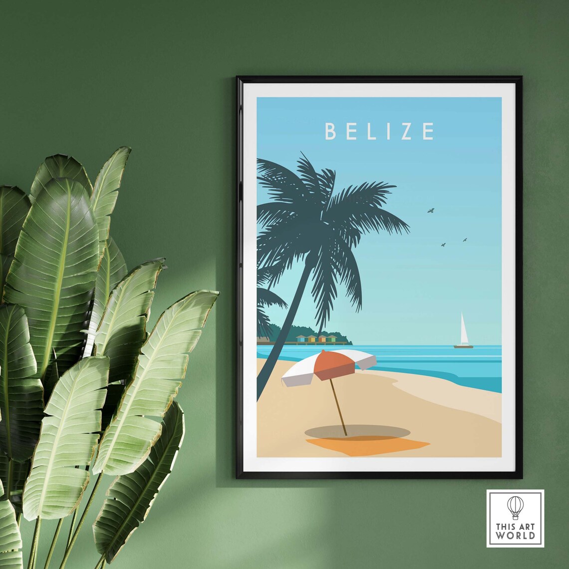 Belize Caribbean Beach Palm Tree Sailboat Minimal Travel Poster - Image 3