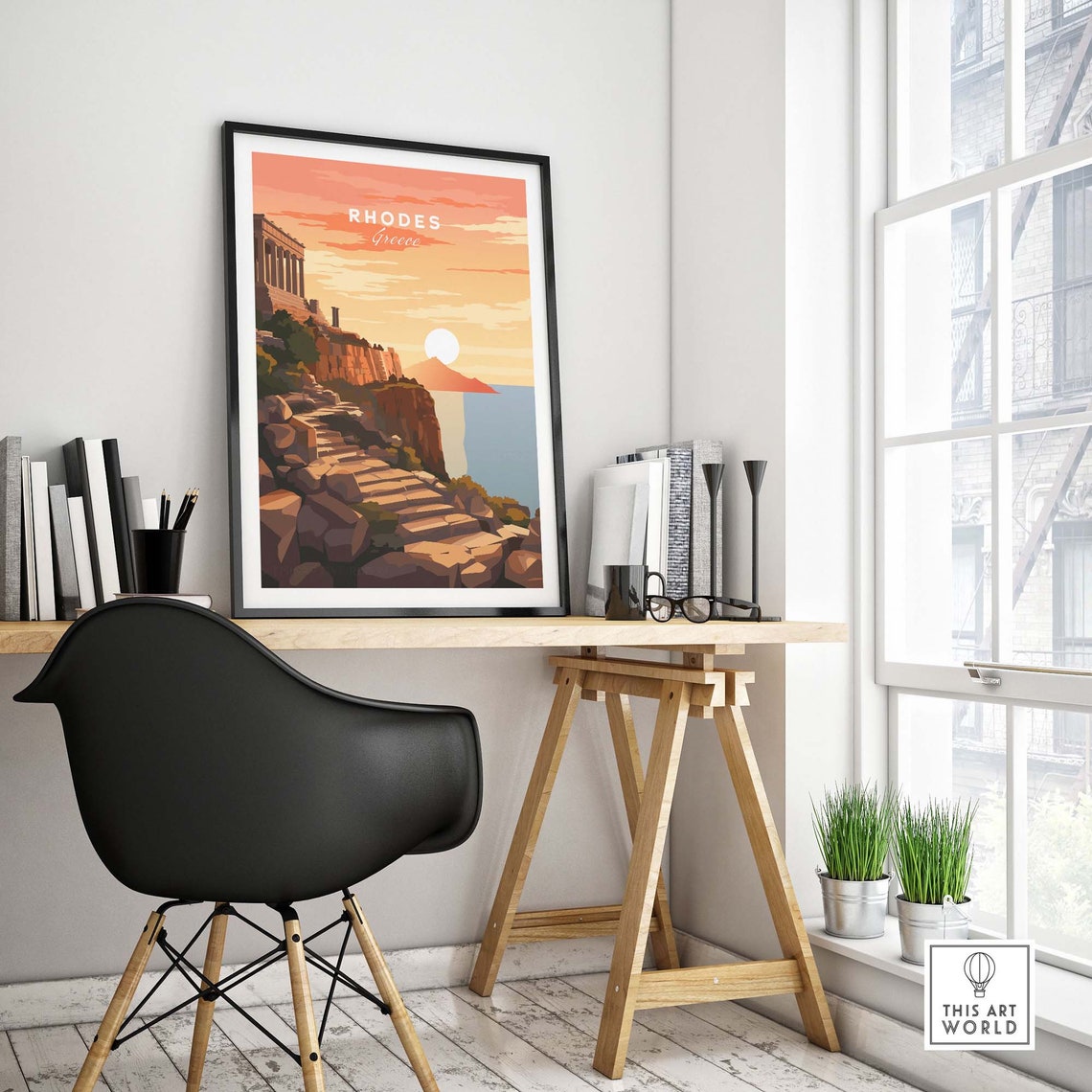 Rhodes Greece Golden Sunset Cliff Temple Seascape Travel Poster