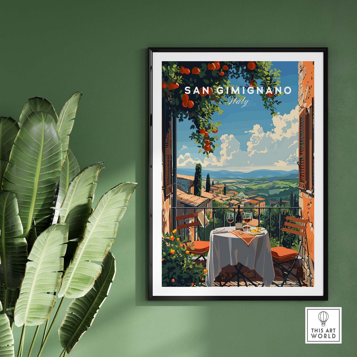 San Gimignano Italy Terrace Wine Citrus Trees Tuscan Hills Poster - Image 2