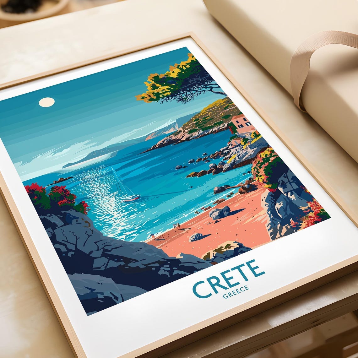 Crete Greece Turquoise Cove Sailboat Rock Beach Moon Art Poster