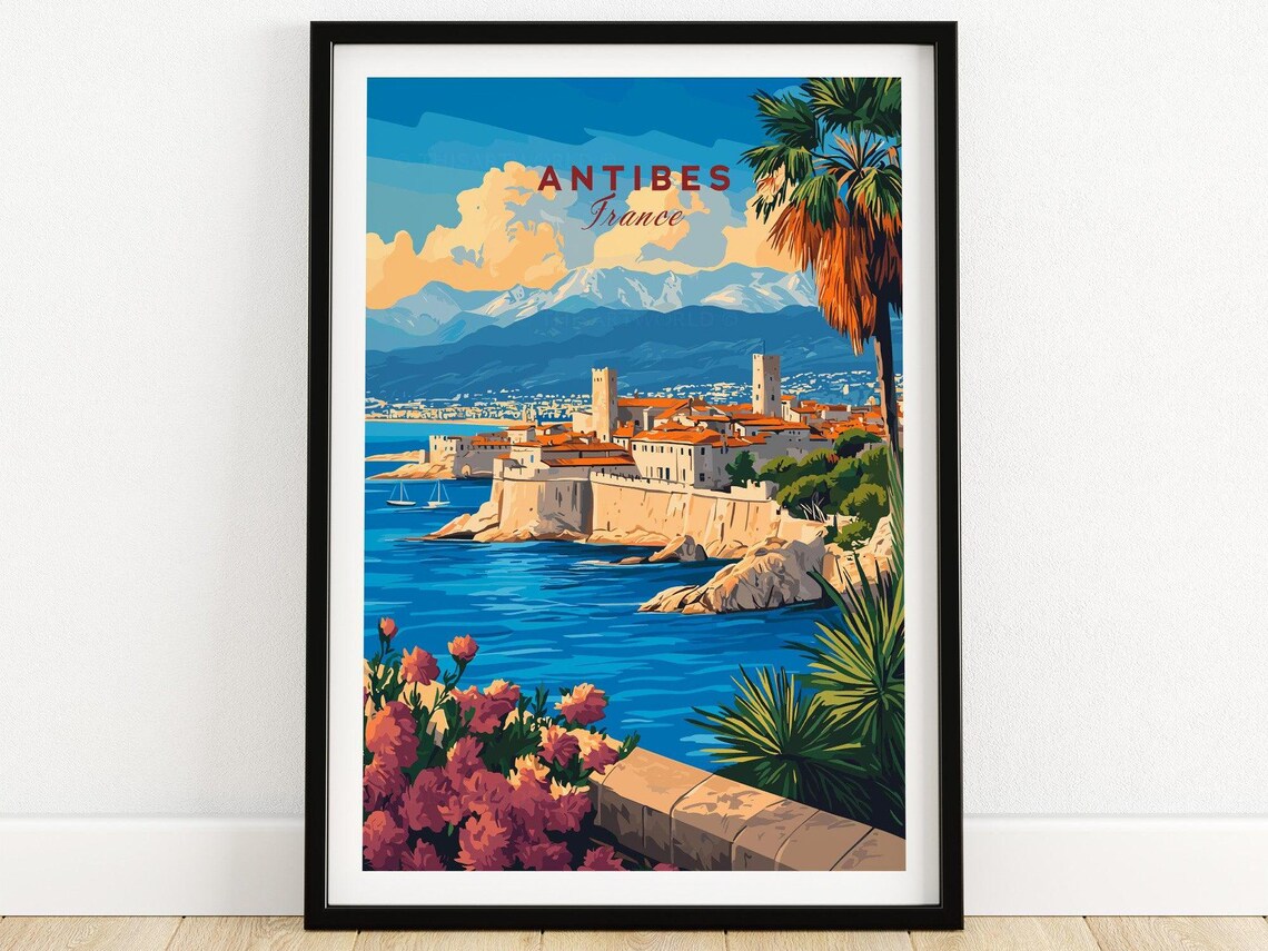Antibes France Old Town Ramparts With Distant Alps Sunny Travel Poster