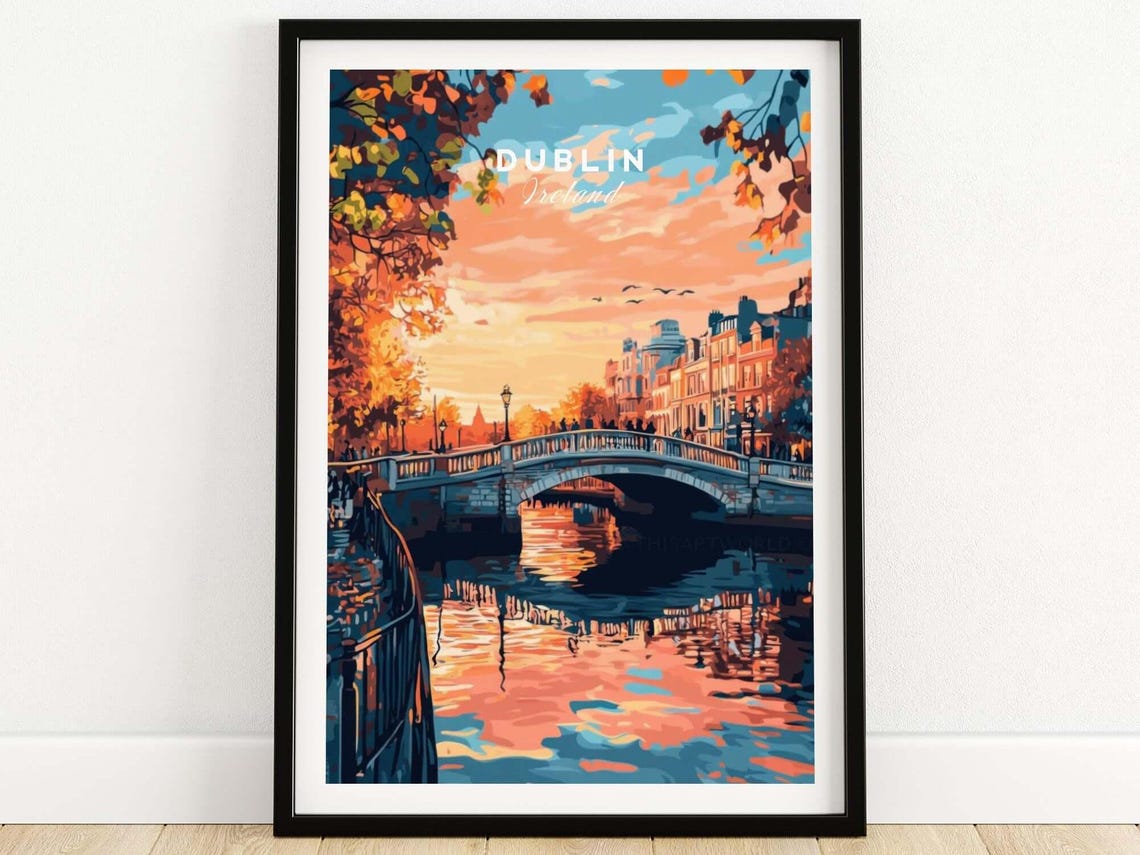 Dublin Ireland Autumn Sunset River Bridge Vintage Travel Poster