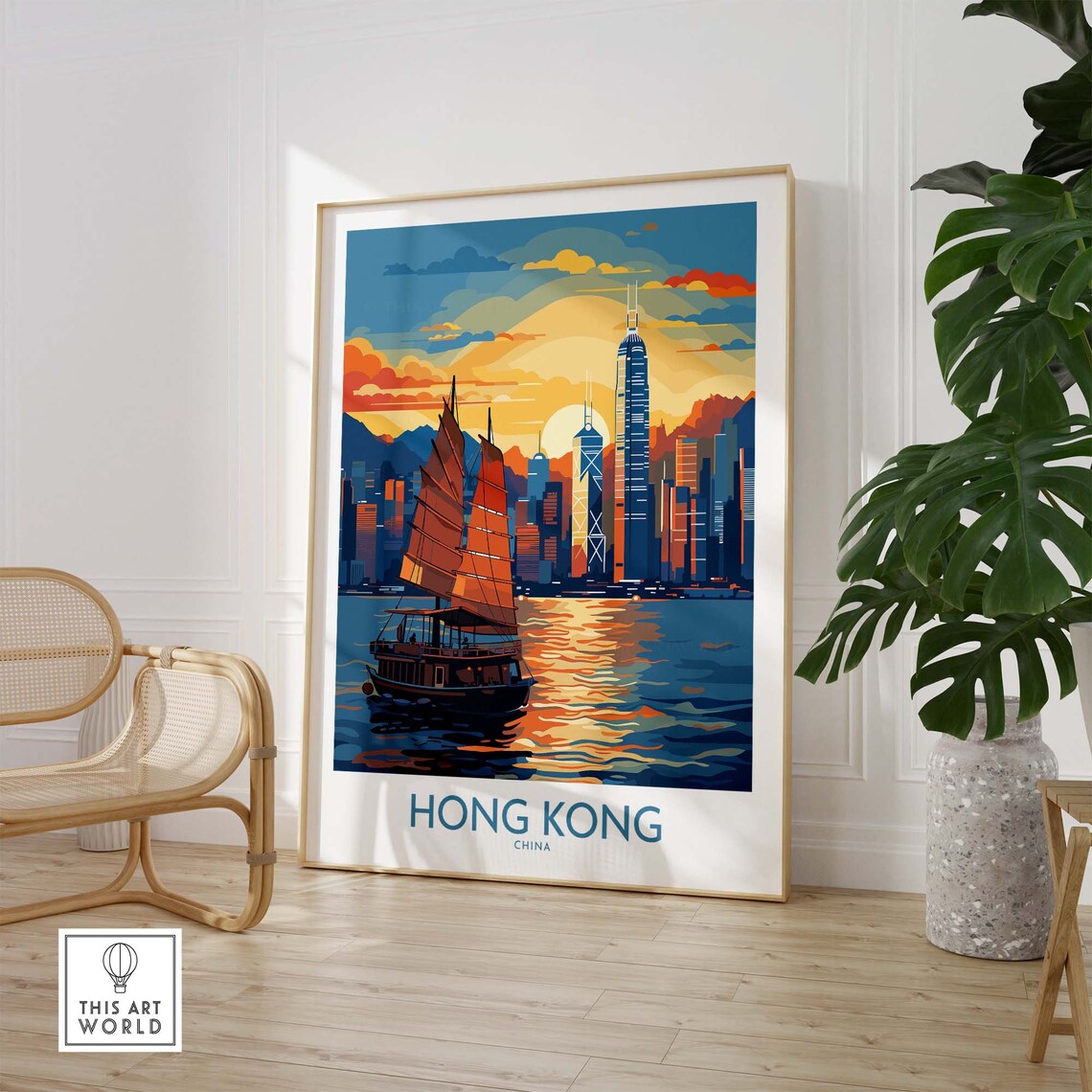 Hong Kong China Victoria Harbor Junk Boat Sunset Scenic Poster - Image 3