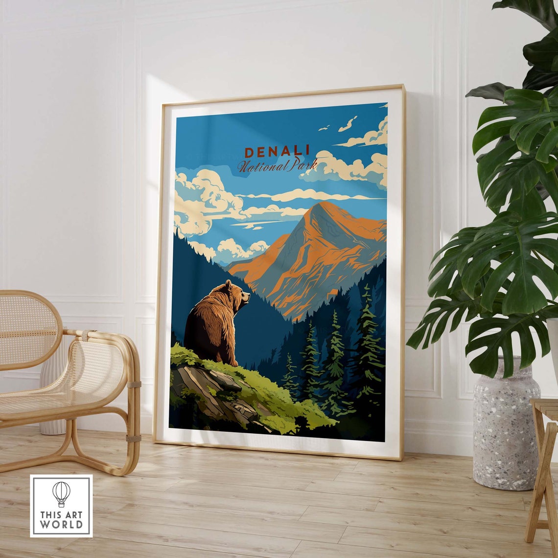 Denali National Park Bear Gazing at the Mountain Range Travel Poster - Image 3
