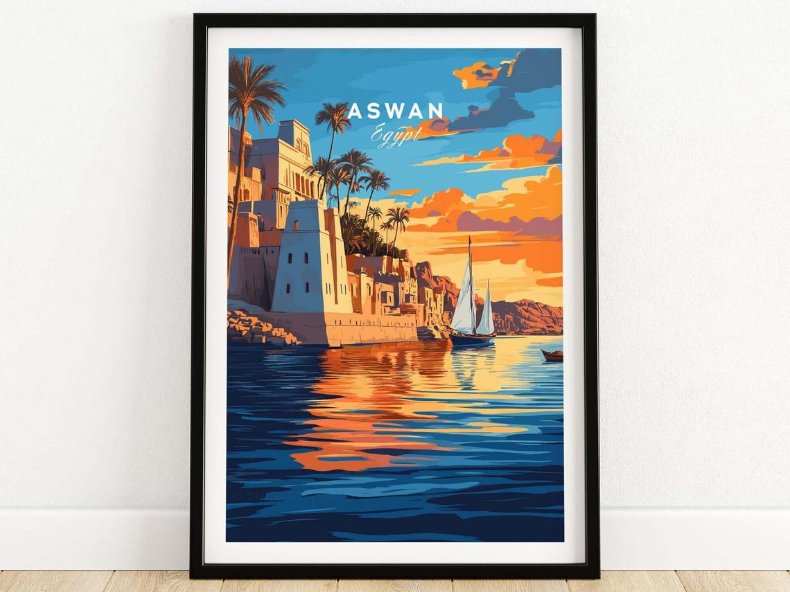 Aswan Egypt Nile Riverside Sunset With Felucca Sailboat Travel Poster
