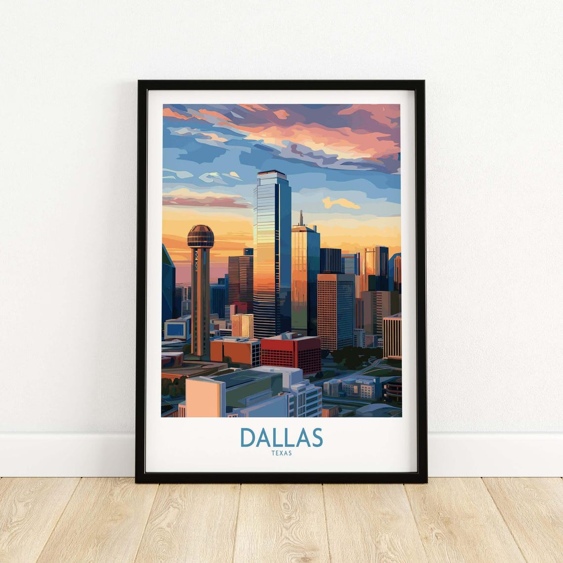 Dallas Texas Skyline Poster Sunset Reunion Tower Cityscape Artwork