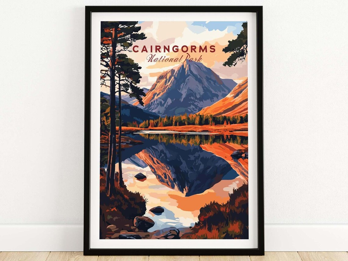Cairngorms National Park Mirror Lake Sunrise Vintage Travel Poster