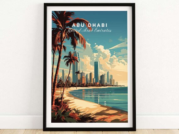 Abu Dhabi UAE Beach Palm Trees Skyline Coast Vintage Travel Poster