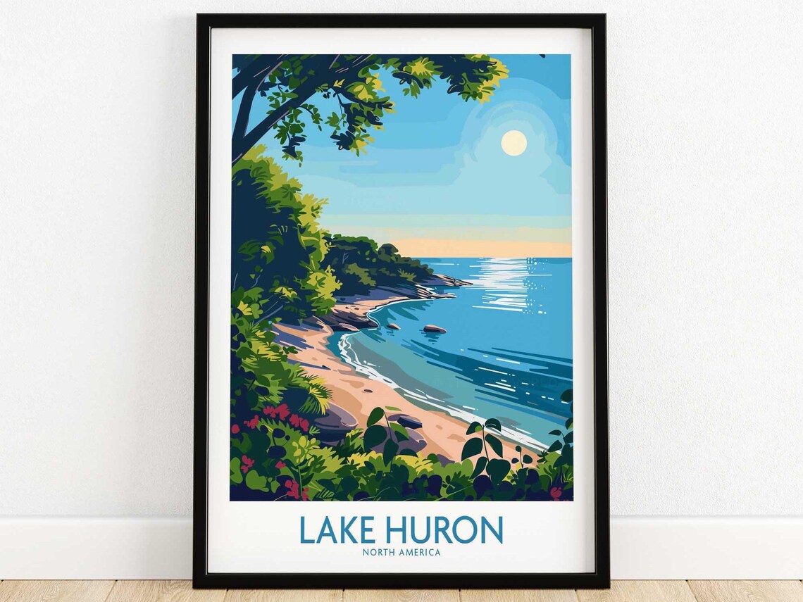 Lake Huron North America Lush Shoreline Beach Morning Travel Poster