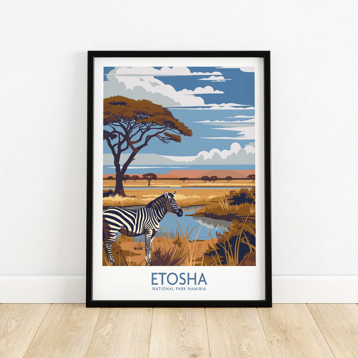 Etosha National Park Namibia Zebra Waterhole Acacia Retro Poster - Image 4