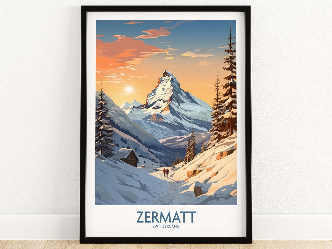 Zermatt Switzerland Matterhorn Snowy Peak Vintage Travel Poster