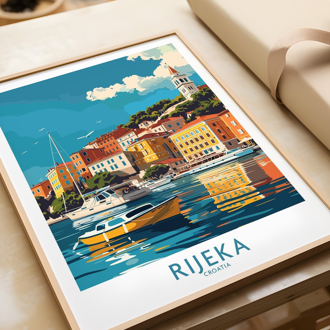 Rijeka Croatia Harbor Boats Bell Tower Waterfront Travel Poster