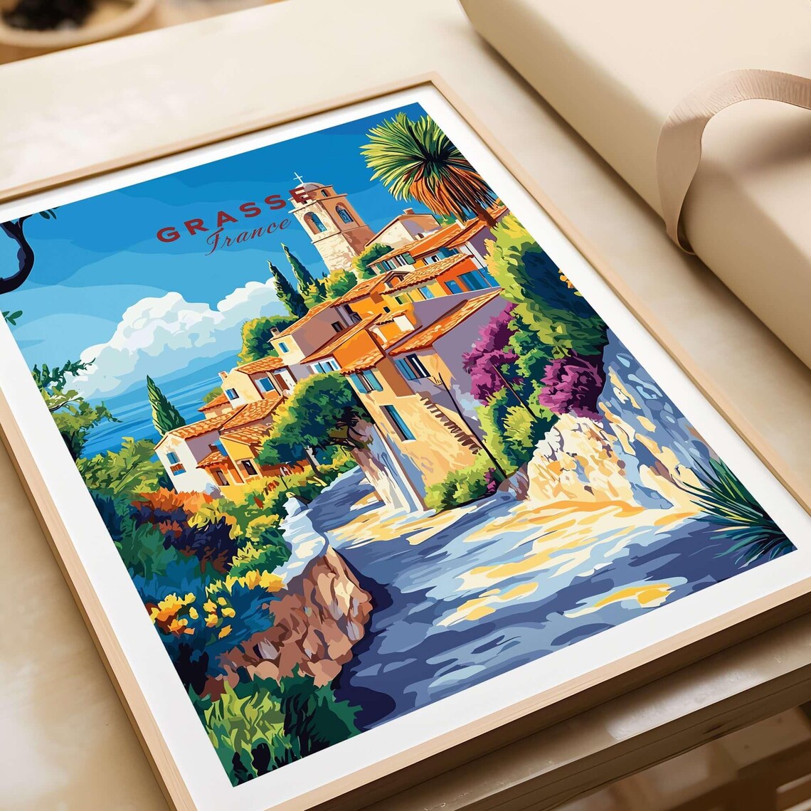 Grasse France Village Street Church Tower Sea View Travel Poster - Image 4