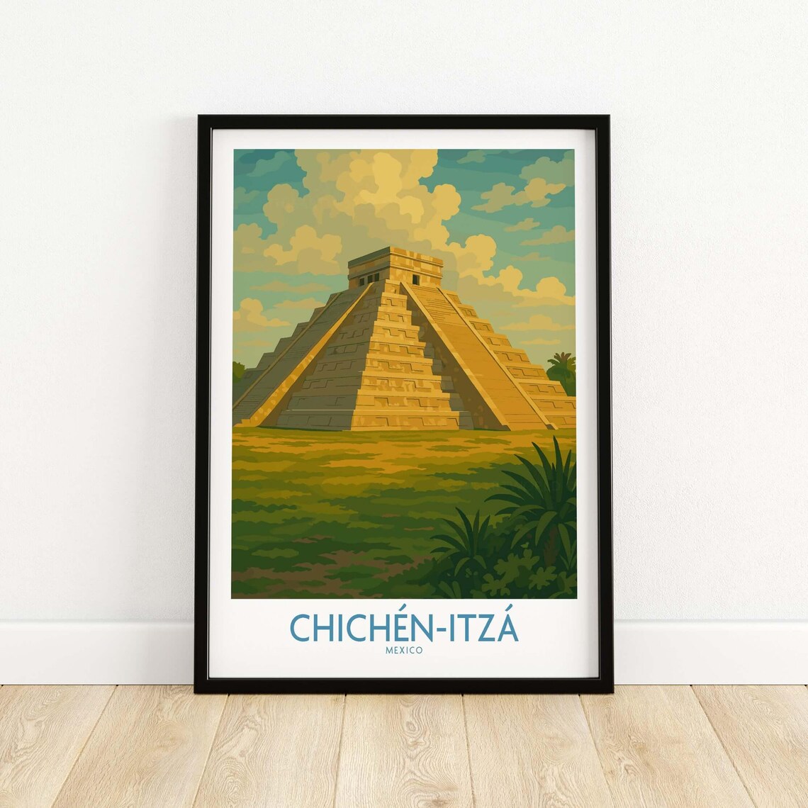 Mexico Mayan Pyramid Chichn Itz Travel Poster El Castillo Landscape Print Wall Art Gift Lovers Illustration