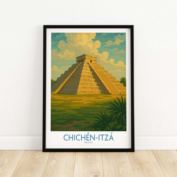 Mexico Mayan Pyramid Chichn Itz Travel Poster El Castillo Landscape Print Wall Art Gift Lovers Illustration