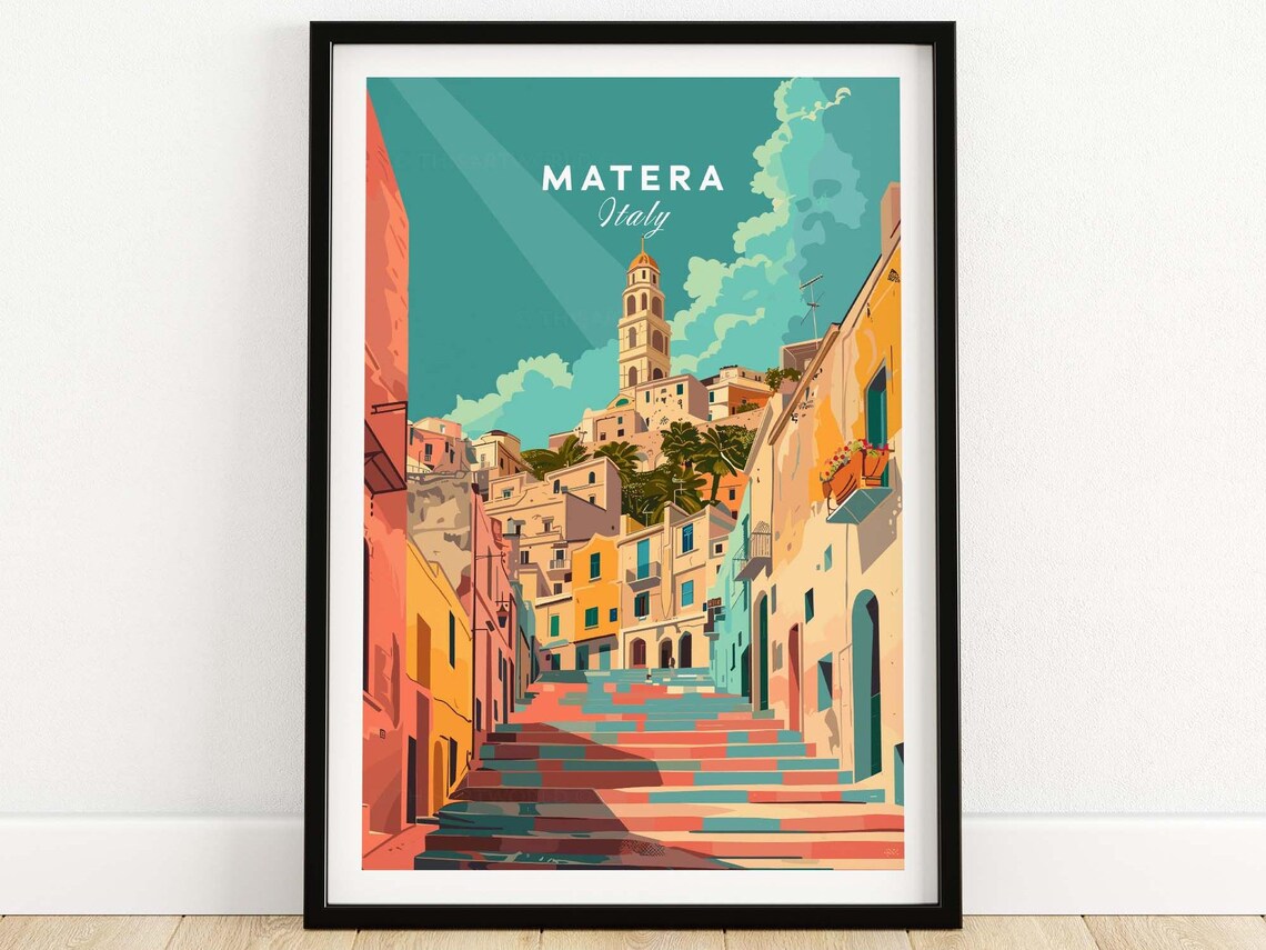 Matera Italy Colorful Street Stairs Bell Tower Old Town Poster