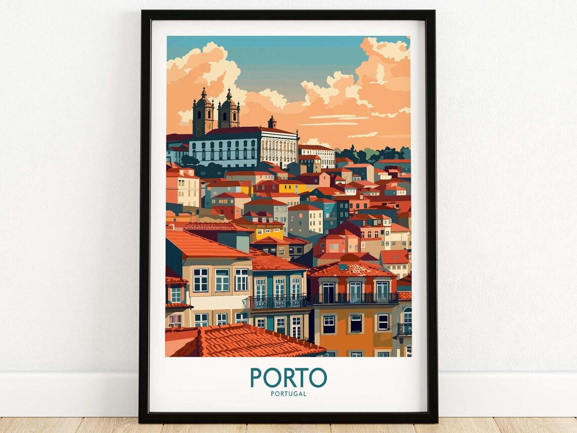 Porto Portugal Terracotta Rooftops Old Town Vintage Travel Poster