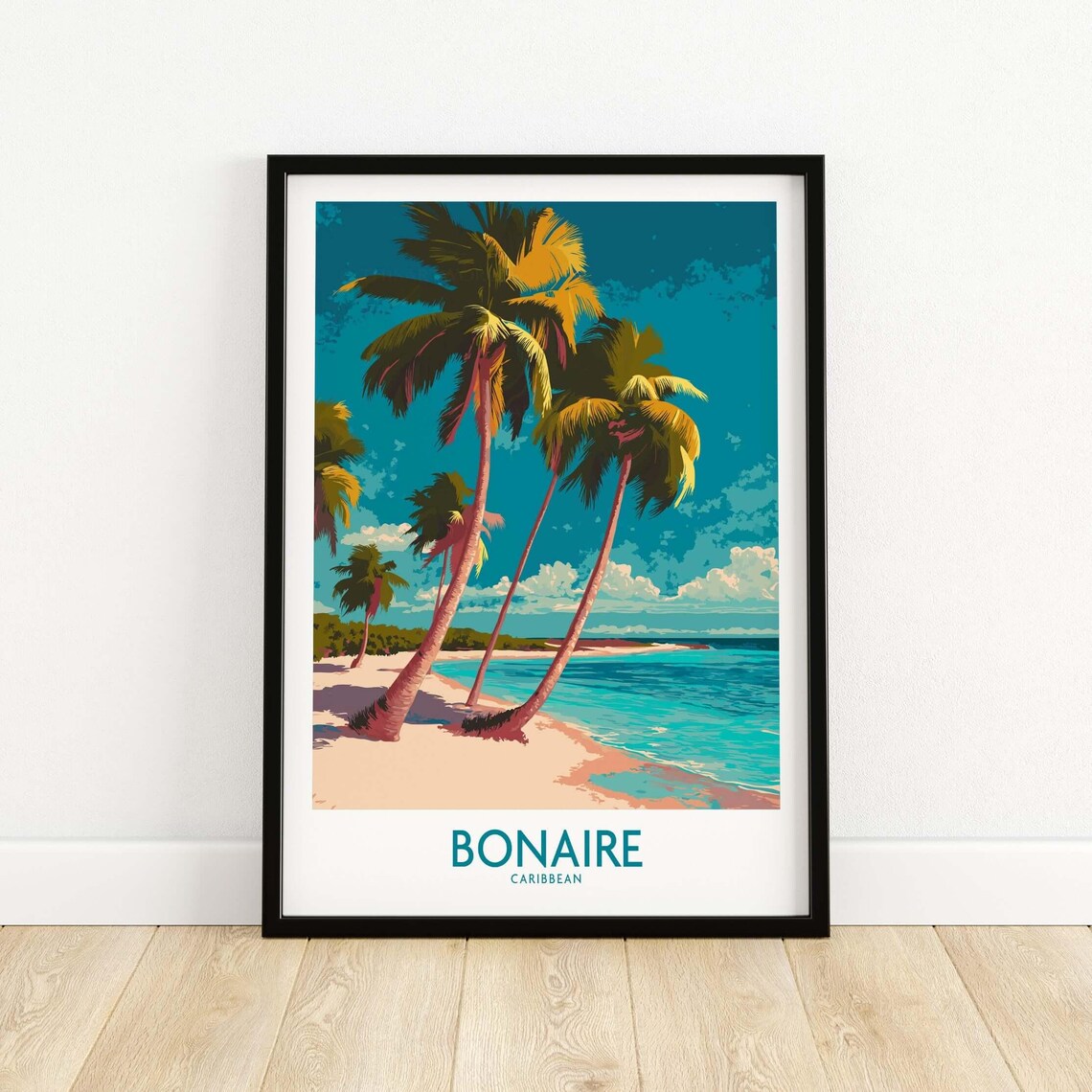 Bonaire Caribbean Palm Trees Beach Painted Travel Poster Island Art