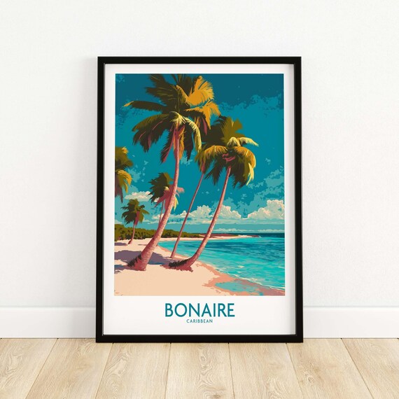 Bonaire Seascape Travel Poster Exotic Island Decor Tropical Wall Art Print Beach Gift Lovers Caribbean Illustration