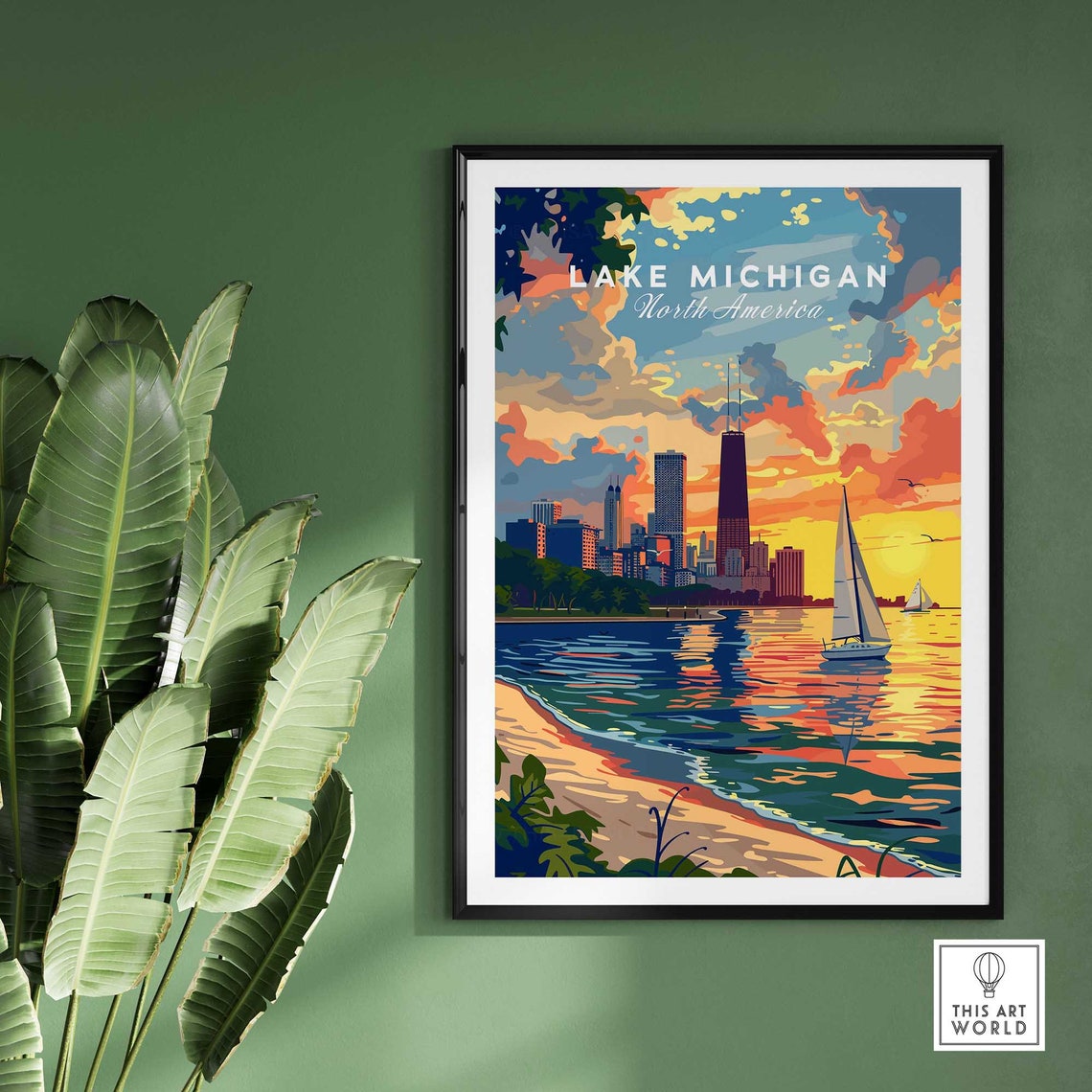 Lake Michigan North America Chicago Skyline Sunset Sailboat Poster - Image 2