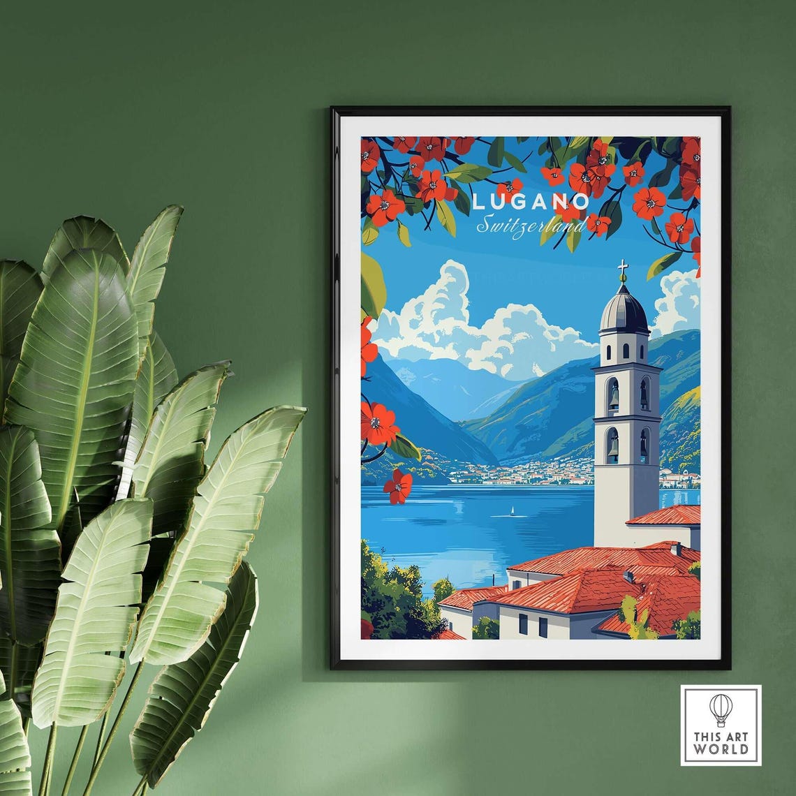Lugano Switzerland Lakeside Church Tower Blooming Flowers Poster - Image 2