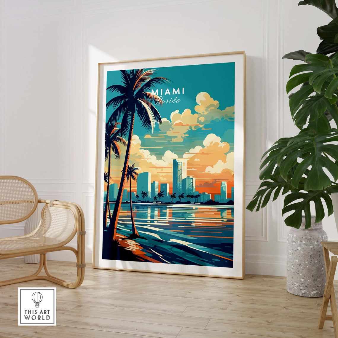Miami Florida Palm Trees Downtown Skyline Golden Sunset View Poster - Image 2