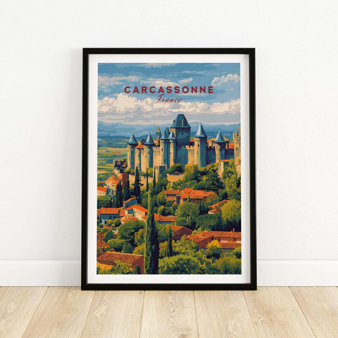 Carcassonne France Fortress Towers Red Lettered Travel Poster