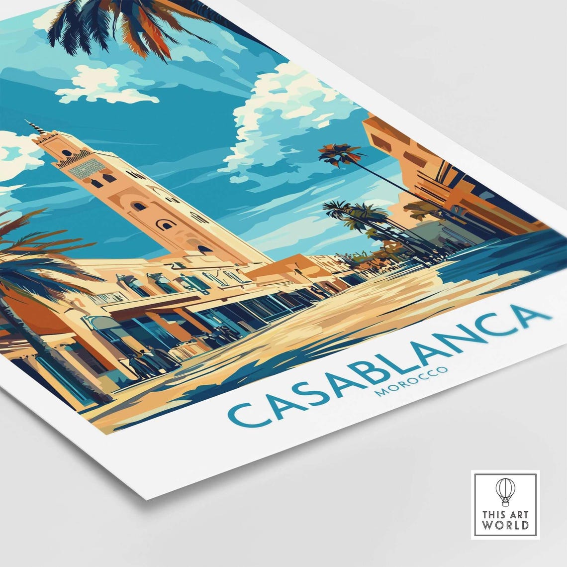 Casablanca Morocco Minaret Palm Lined Street Blue Sky Travel Poster - Image 4