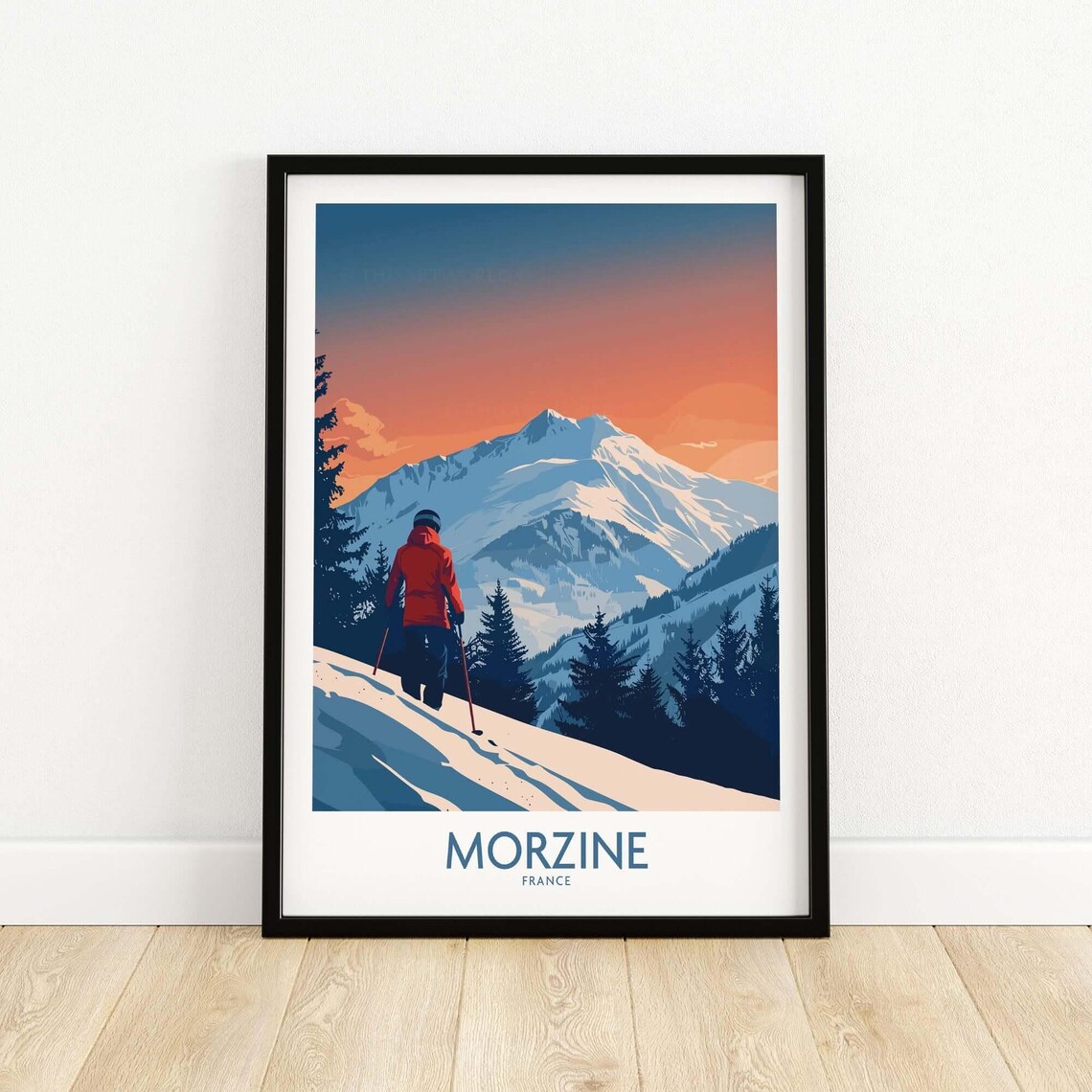 Morzine France Skier Climbing Slope at Sunset Mountain Vista Poster