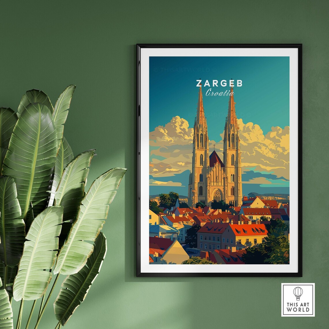 Zargeb Croatia Twin Spire Cathedral Old Town Retro Travel Poster - Image 2